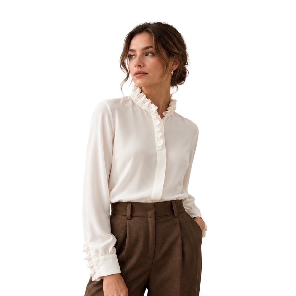 LILYSILK Mulberry Silk Crepe de Chine Ruffle Blouse White Size 2